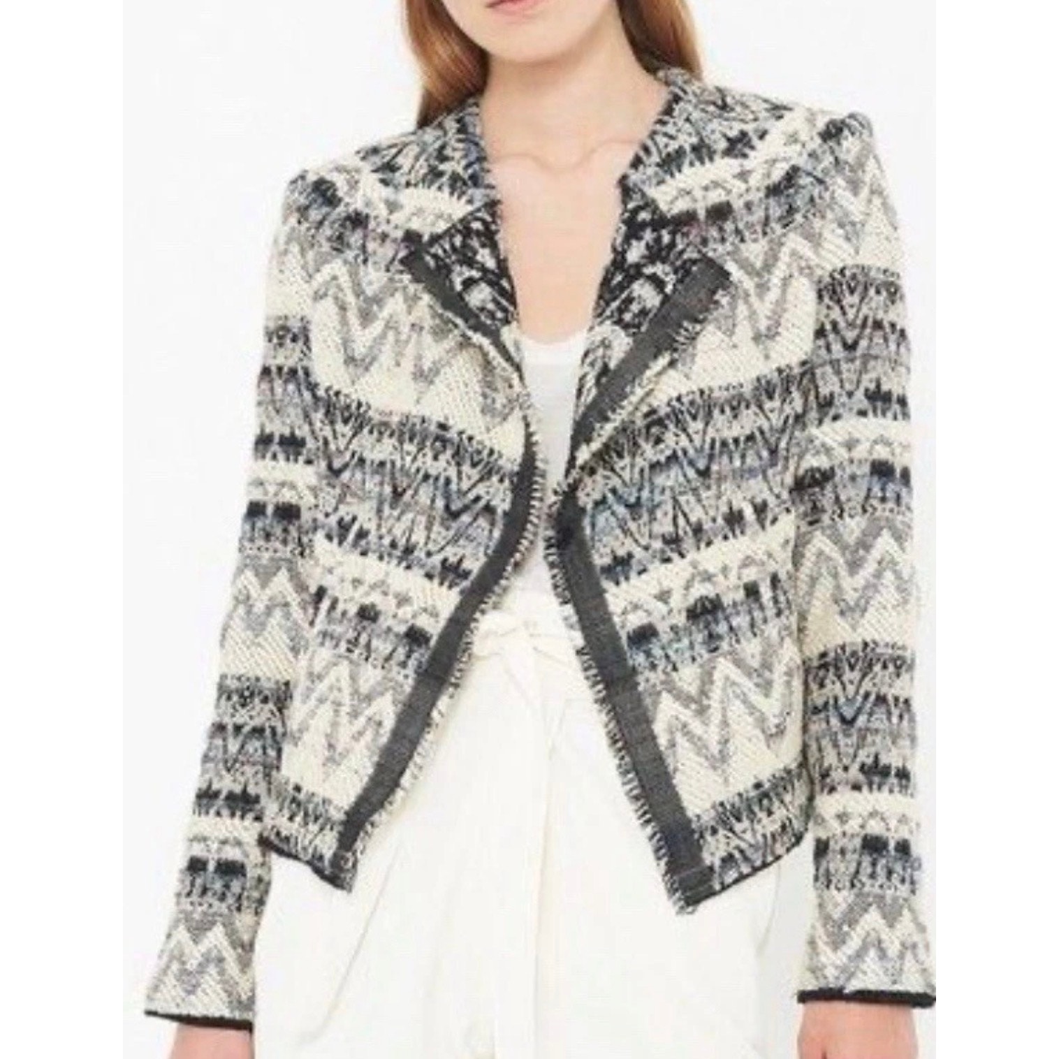 Iro Kroe Tweed Chevron Jacket Open Frontblack/Cream/Gray Sz 38 / Us 6